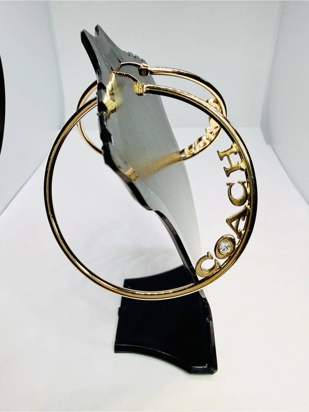 Coach Logo Script Pierce Hoop Earrings Gold-Tone & Clear Rhinestone - Picture 7 of 12